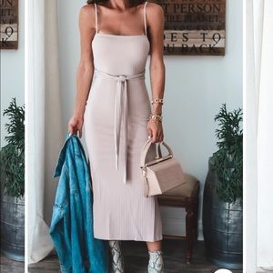Taupe ribbed midi dress with front waist tie BNWT